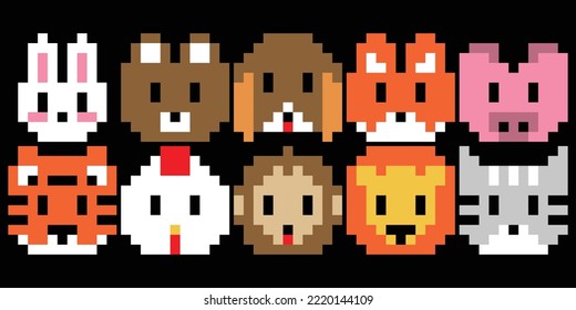 cute animal head set of pixel  