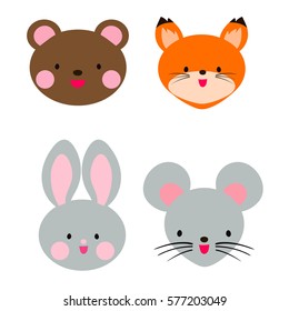 Cute animal head. Teddy bear, rabbit, fox and mouse. Cute Japanese anime style.