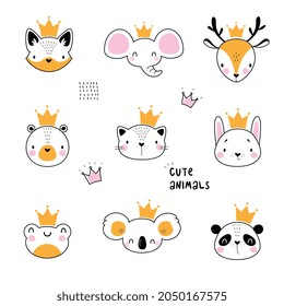 Cute Animal Head Wearing Gold Crown Drawn Outline Vector Set