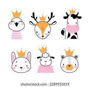 Cute Animal Head Wearing Gold Crown Vector Set