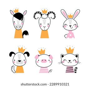 Cute Animal Head Wearing Gold Crown Vector Set