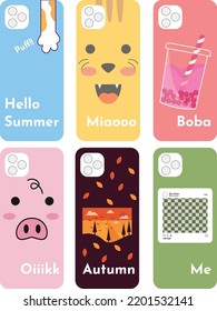 Cute animal heads and animated boba drink images for phone cases, logos, pillowcases, print fabrics, wallpapers, social media, covers, wall hangings, cards. vector illustration