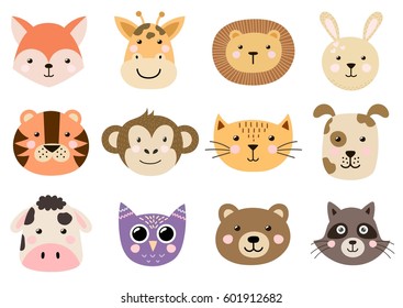 Cabezas animales para el diseño de bebés y niños. Fox, jirafa, león, conejo, tigre, mono, gato, perro, vaca, búho, oso, mapache. Ilustración del vector