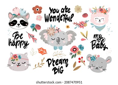 Cute animal heads in boho style. Vector cartoon illustration of koala, mouse, cat, llama. Nursery decoration, posters, t-shirt design