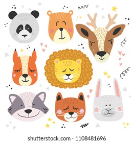 Cute animal heads bundle. Ideal for kids cards, banners and invitations. Hand drawn vector illustration.