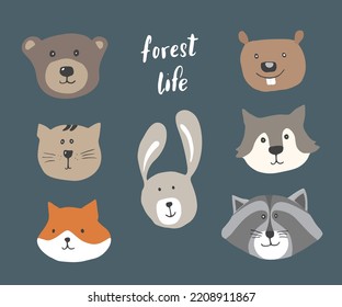 Cute Animal heads. Cartoon forest wildlife animals collection, fox, wolf, bear, beaver, raccoon, rabbit and wild cat. Vector illustration.