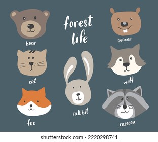 Cute Animal heads. Cartoon forest wildlife animals collection, fox, wolf, bear, beaver, raccoon, rabbit and wild cat. Vector illustration.