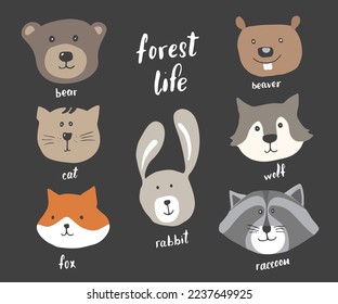 Cute Animal heads. Cartoon forest wildlife animals collection, fox, wolf, bear, beaver, raccoon, rabbit and wild cat. Vector illustration.