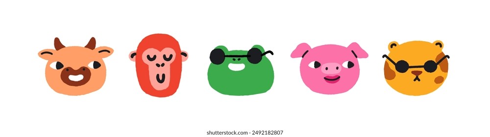 Cute animal heads in fun comic doodle style. Funny characters, cat and frog in sunglasses, happy cow and pig, cool monkey. Humor avatars set. Flat vector illustration isolated on white background