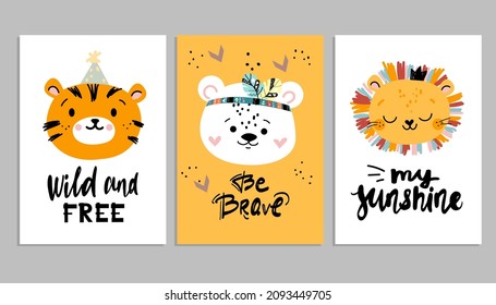 Cute animal heads lion, tiger and bear. Vector boho and scandinavian  style illustration. Nursery, greeting card, poster, baby shower
