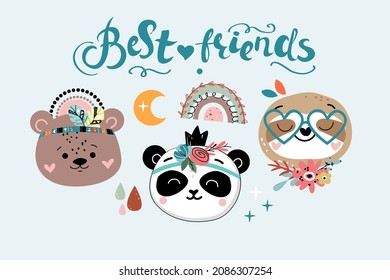 Cute animal heads panda, sloth, bears and the inscription best friends. Vector boho style illustration. Nursery, greeting card, poster, baby shower