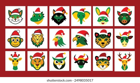 Cute Animal Heads with Santa Hat Vector Art Collection: Farm, Wild, and Marine Animals Clipart on White Background