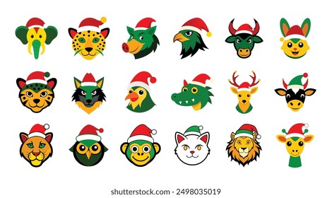 Cute Animal Heads with Santa Hat Vector Art Collection: Farm, Wild, and Marine Animals Clipart on White Background