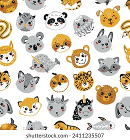 Cute Animal Heads Seamless Pattern. Cartoon Funny Baby Animals Faces. Childish Background. Vector Illustration
