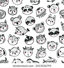 Cute Animal Heads Seamless Pattern. Cartoon Funny Baby Animals Faces. Childish Background. Black and White Vector Illustration