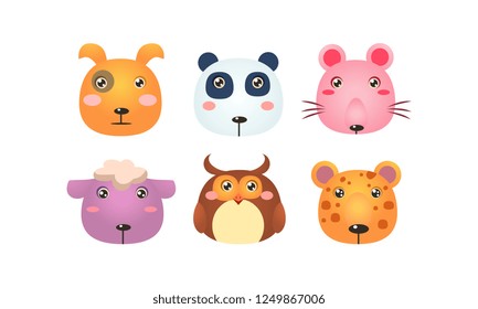 Cute animal heads set, funny faces of dog, panda bear, mouse, sheep, owl, tiger vector Illustration on a white background