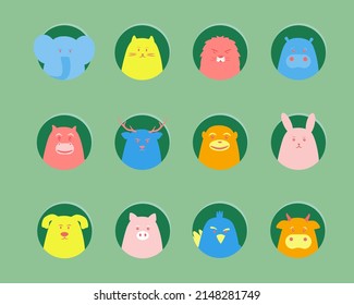 Cute animal heads set, funny faces of Hippopotamus, Lion, Cat, Elephant, Rabbit, Monkey, Deer, Horse, Cow, Parrot, Pig, Dog. Flat design. 