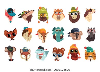 Cute Animal Heads Set, Owl, Koala, Wolf, Elephant, Tiger, Fox Wearing Stylish Headgears and Sunglas Cartoon Vector Illustration