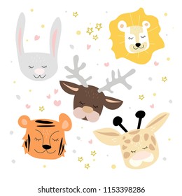 Cute animal heads. Trendy concept of flat design for kids cards, t-shirts, posts, banners and invitations. Hand drawn vector illustration.