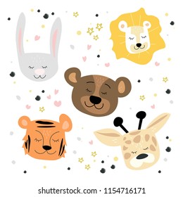 Cute animal heads. Trendy concept of flat design for kids cards, t-shirts, posts, banners and invitations. Hand drawn vector illustration.