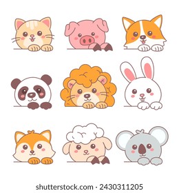 Cute animal heads vector icons set isolated. Illustrations of funny baby animals. Cat, dog, fox and lion. Smiling panda. Adorable characters, design element for baby toys.