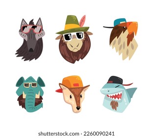 Cute Animal Heads Wearing Stylish Headgears and Sunglasses Vector Set