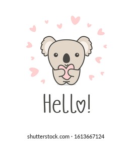 Cute animal with heart and Hello text. Smiling Koala and Love symbol on white background. Greeting card template for St. Valentines Day funny romantic vector illustration