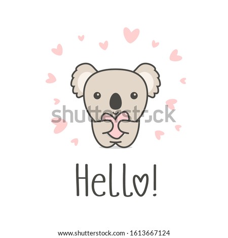 Cute animal with heart and Hello text. Smiling Koala and Love symbol on white background. Greeting card template for St. Valentines Day funny romantic vector illustration