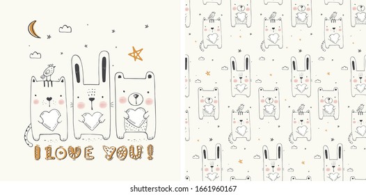 Cute animal and hearts  Set  Seamless pattern  hand drawn vector illustration  Can be used for t  shirt print  kids wear fashion design  baby shower invitation card 