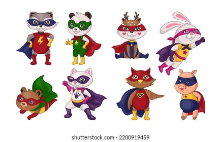 Cute animal hero. Heroic character. Baby superhero stickers set. Cat and raccoon in masks. Colorful costumes. Adorable rabbit. Kitty girl flying in cape. Vector cartoon illustration