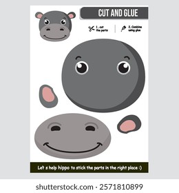 Cute animal hippo cutout paper game for kids. Fun and educational activity.