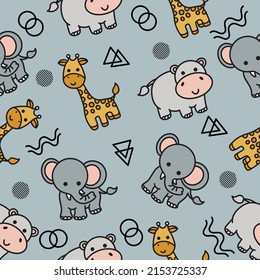 Cute Animal Hippo Elephant and Giraffe Seamless Pattern doodle for Kids and baby