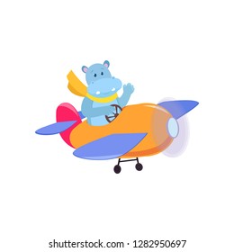 Cute cute animal hippopotamus flies on a funny plane.