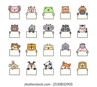 Cute animal holding a blank plaque. Banner with space to write. Vector drawing. Collection of design elements.