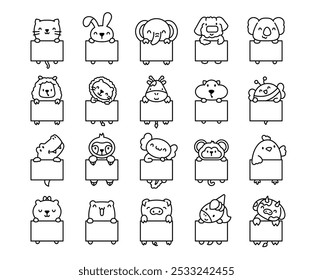 Cute animal holding a blank plaque. Coloring Page. Banner with space to write. Vector drawing. Collection of design elements.