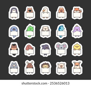 Cute animal holding a blank plaque. Sticker Bookmark. Banner with space to write. Vector drawing. Collection of design elements.
