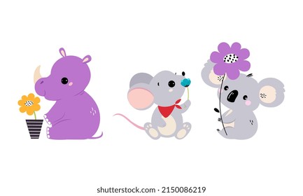 Cute Animal Holding Flower on Stalk with Paws Vector Illustration Set