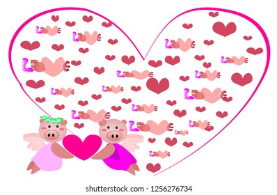  Cute animal  holding a heart-shaped and love text concept of the deity of love for Valentine's Day. Year of the Pig and New Year 2019 and Chinese New Year.  Vector flat illustration for decoration.