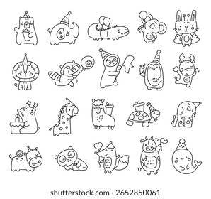 Cute animal holiday character set in outline line art showing different party moods with gifts, balloons, hats and sweet celebration moments