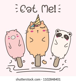 Cute Animal Ice Cream. Hand Drawn Vector Illustration.