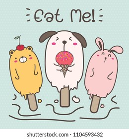 Cute Animal Ice Cream. Hand Drawn Vector Illustration.