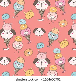 Cute Animal Ice Cream Pattern Background. Hand Drawn Vector Illustration.