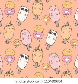Cute Animal Ice Cream Pattern Background. Hand Drawn Vector Illustration.