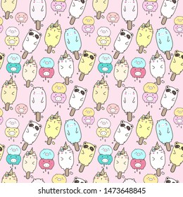 Cute animal ice cream seamless pattern background. Vector illustration for gift wrap design.