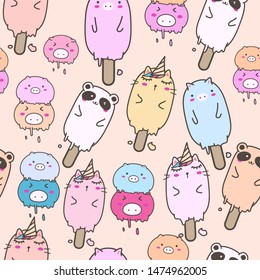 Cute animal ice cream seamless pattern background. Vector illustration for gift wrap design.