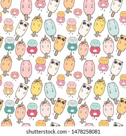 Cute animal ice cream seamless pattern background. Vector illustration for gift wrap design.