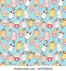 Cute animal ice cream seamless pattern background. Vector illustration for gift wrap design.