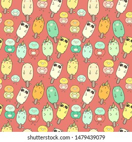 Cute animal ice cream seamless pattern background. Vector illustration for gift wrap design.