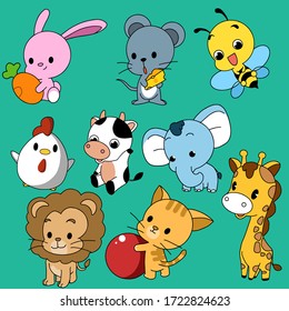 Cute animal  icon .hand drawn.vector illustration.rabbit,rat,bee,chicken,cow,elephant,lion,cat,giraffe