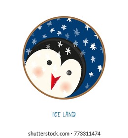 Cute animal icon on white background. Ring badge label penguin. Funny christmas cartoon zoo character for celebration card design, sale tags. Vector illustration